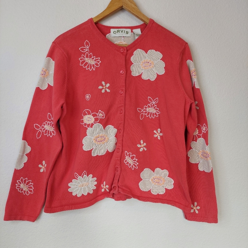 Vintage Floral Embroidered Sweater Cardigan Size Large‎